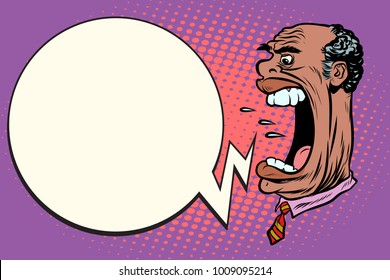 Angry boss screaming, the giant head. African American people. Pop art retro vector illustration