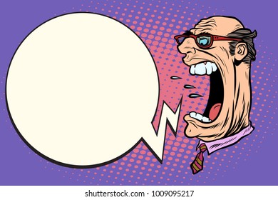 Angry boss screaming, the giant head. Pop art retro vector illustration