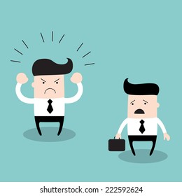 Angry boss screaming at his employee. Business concept, businessman work and relationships. Vector illustration