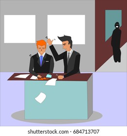 Angry boss screaming at his employee and hitting at his desk. Mobbing, stress, overwork concept illustration vector.
