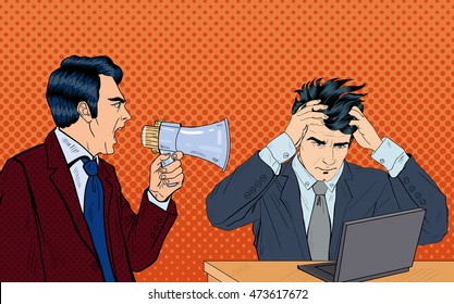 Angry Boss Screaming in Megaphone on his Worker. Pop Art. Vector illustration