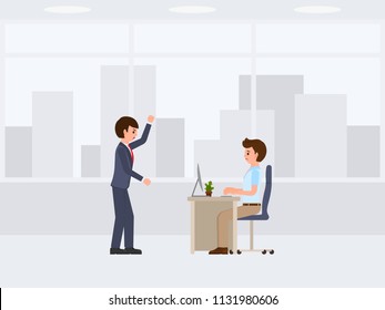 Angry boss screaming on dejected stuff cartoon character. Stressed working day