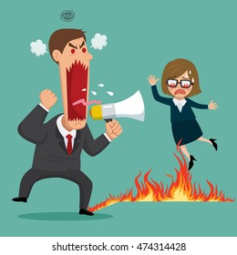 Angry boss screaming on fire burning at female employee, vector illustration cartoon