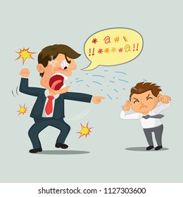 Angry boss screaming at worker closing his ears with his hands, Cartoon Business Vector Concept