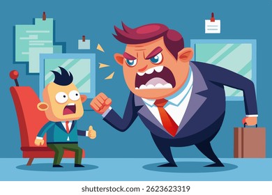 Chefe irritado gritando com um trabalhador, representando conflitos no local de trabalho e questões de liderança. Design de vetor plano para temas de escritório, negócios ou gerenciamento.