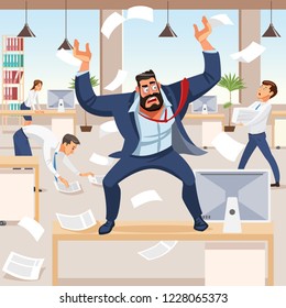 Angry boss screams in chaos at his subordinates. Stressed vector cartoon characters. Office workers hurry up with job. Fun cartoon characters. Vector illustration of work situation.