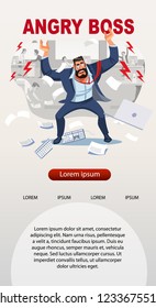 Angry boss screams in chaos at his subordinates. Stressed banner vector cartoon characters. Office workers hurry up with job. Fun cartoon characters. Vector illustration of work situation.