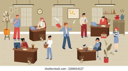 Angry boss shout on employees in office. Woman manager scold people on workplace. Bad communication in company, pressure and stress at work, vector flat illustration