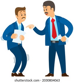 Angry boss shouting to employee. Conflict in office between chief and worker, stressed subordinate. Director scolds scared worker because of mistake problems at work scandal man feels fear of his boss