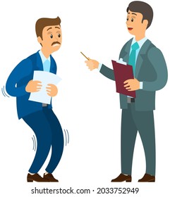 Angry boss shouting to employee. Conflict in office between chief and stressed subordinate. Director scolds scared worker. Man feels fear of boss. Fear of work, deadline, report to director