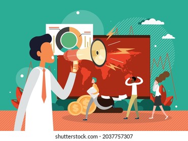 Angry boss shouting at employees through megaphone, flat vector illustration. Workplace stress, conflict.