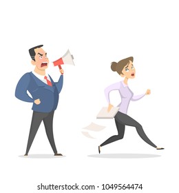 Angry boss shouting at female employee with documents on white.