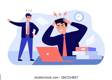 Angry boss shouting at frustrated employee. Office worker suffering from migraine and feeling stress at work. Vector illustration for burnout, deadline, office conflict concept