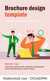 Angry boss shouting at frustrated employee. Office worker suffering from migraine and feeling stress at work. Vector illustration for burnout, deadline, office conflict concept