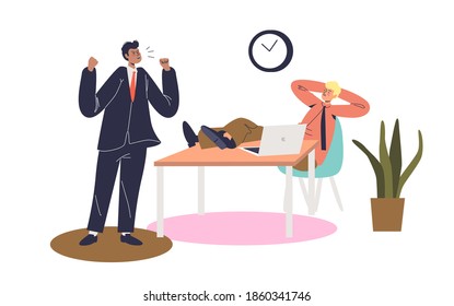 Angry boss shouting at lazy employee office worker at workplace. Screaming irritated businessman scolding manager. Cartoon flat vector illustration