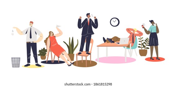 Angry boss shouting at lazy employees team in at workplace. Screaming businessman scolding lazy workers procrastinating. Cartoon flat vector illustration