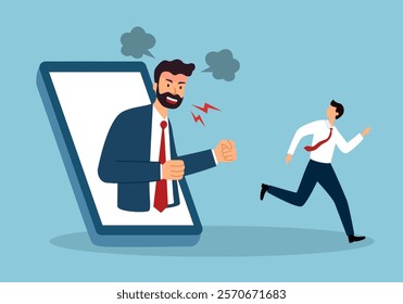 Angry boss shouting from mobile phone in flat design. Furious customer on mobile app.