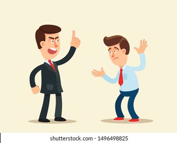 Angry boss shouting to on employee. Conflict in office between boss and worker. Business vector illustration, flat design, cartoon style. Isolated background. Side view.