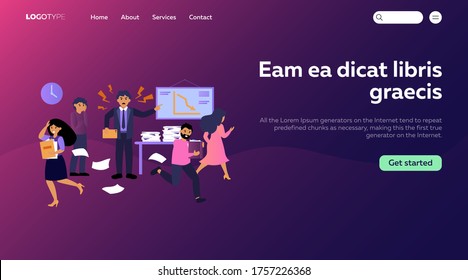 Angry boss shouting at people in office flat vector illustration. Cartoon employees working in hurry, panic and stress. Corporate chaos and deadline concept
