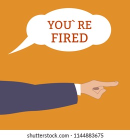 Angry boss shouts : You`re fired and points by hand get out from here. Employee gets fired. dismissed from his work. Flat style, vector illustration