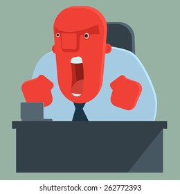 Angry boss sitting behind the table and shouting