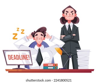 Angry boss and sleepy office worker employee concept. Vector graphic design illustration element