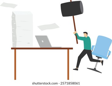 Angry boss smashed the computer on the desk, Vector illustration in flat style

