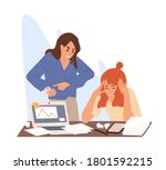 Angry boss stand over tired employee table. Stressed girl sitting with paper and hold head. Concept of pressure at work or deadline problem. Flat vector cartoon illustration isolated on white.