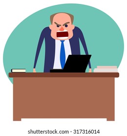Angry boss standing behind table and yelling. Flat illustration