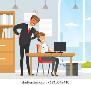 Angry Boss Standing next to Office Employee who is Talking on Phone Flat Vector Illustration