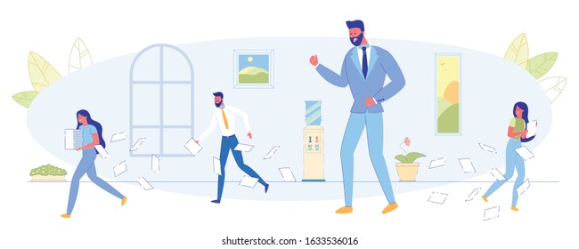 Angry Boss, Stress at Work, Deadline Fail, Bad Day in Office Flat Vector Concept. Stresses and Furious Businessman Arguing on Lazy Employees, Man Screaming on Running Away Colleagues Illustration