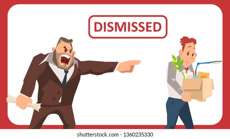 Angry Boss in Suit Fire Sad Employee for Bad Work. Unemployed Man Carry Carton Box with Stuff or Belongings. Manager Yell at Upset Office Worker Character. Flat Cartoon Vector Illustration