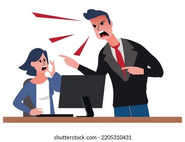 Angry boss in suit shouting at the female employee. Furious executive in anger. Isolated flat vector illustration.