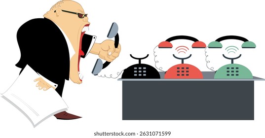 Chefe irritado falando ao telefone. Escritório. Tocando telefones. Homem irritado grita no telefone	