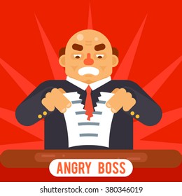Angry Boss Tearing Sheet Paper Contract Character Symbol Business Icon Background Concept Flat Design Template Vector Illustration