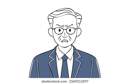 Angry Boss Vector Illustration - Grumpy Manager at Work, Frustrated Middle-Aged Man - Line Art of an Old Boss, World Boss' Day - Serious Looking People Vector Art