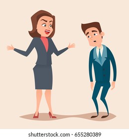 Angry boss woman character screams and shouting to worker, employee concept design. Vector flat cartoon illustration.