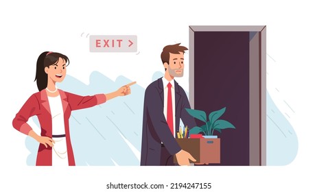 Angry Boss Woman Firing Sad Worker Man. Business Woman Employer Person Dismissing Employee Pointing At The Door. Fired Man Carrying Box With Things. Unemployment, Dismissal Flat Vector Illustration