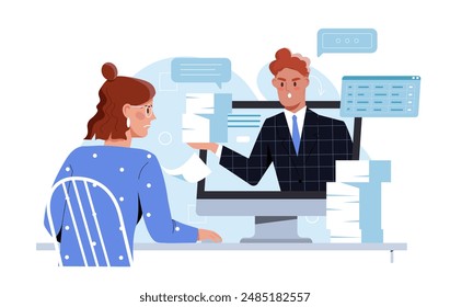 Angry boss at work. Man with documents in hands shouts at woman. Boss dissatisfied with work of subordinate. Negative feelings and emotions. Flat vector illustration isolated on white background