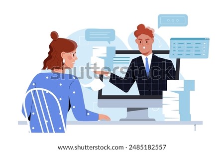 Angry boss at work. Man with documents in hands shouts at woman. Boss dissatisfied with work of subordinate. Negative feelings and emotions. Flat vector illustration isolated on white background