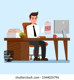 Angry Boss at Workplace Flat Vector Illustration. Fired Red Stamp on Paper. Dismissal. Stressed Man Holding Document. Computer, Plant in Pot on Desk. Employer Character Sitting at Table