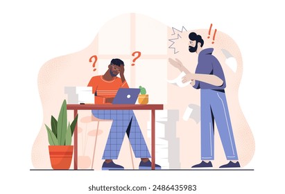 Angry boss at workplace. Man shouts at worker and employee. Ineffective work process in company, lazy manager. Quarrel and conflict. Rage and anger. Cartoon vector illustration