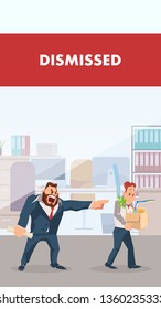 Angry Boss Yell at Fired Upset Office Employee. Dismissed Worker Character Carry Cardboard Box with Belongings. Manager in Formal Suit Fire Stressed Man. Flat Cartoon Vector Illustration