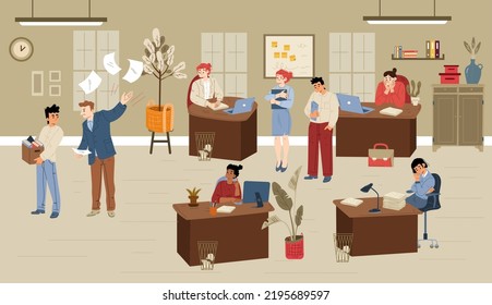 Angry Boss Yell On Employees In Office. Furious Ceo Scolding And Rebuking Incompetent Workers, Shouting On Business Men And Women At Workplace Interior, Cartoon Linear Flat Vector Illustration, Set
