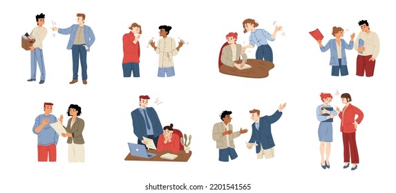 Angry Boss Yelling At Employee, Flat Vector Illustration Set. Rude Male And Female Characters Shouting, Criticizing, Firing Upset Office Workers For Mistake, Bad Work. Stressful Job And Disrespect