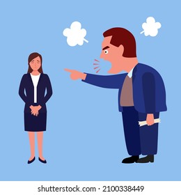Angry boss yelling at female employee in office concept vector illustration.