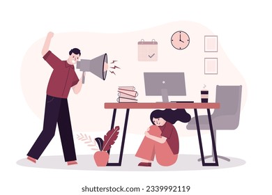 Angry boss yells at an employee through megaphone. Unhappy woman is afraid and hid under work table. Stress from work, fear of superiors. Burnout, overload. Mental burden, pressure. flat vector