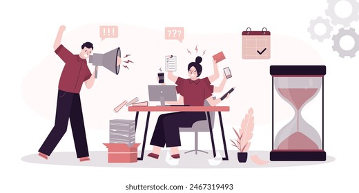 Angry boss yells at an employee through megaphone. Multitasking staff at workplace. Overload, mental burden. Woman worker with many hands performs many tasks at same time.