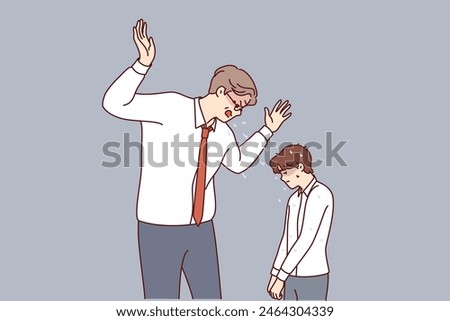 Angry boss yells at little subordinate, reprimanding him for making mistake or violating plan. Drool flying from mouth of angry boss scolding employee and showing hatred and lack of professionalism