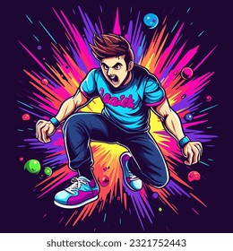 Angry Bowling Player. Color explosion simulating player speed. Cartoon illustration.